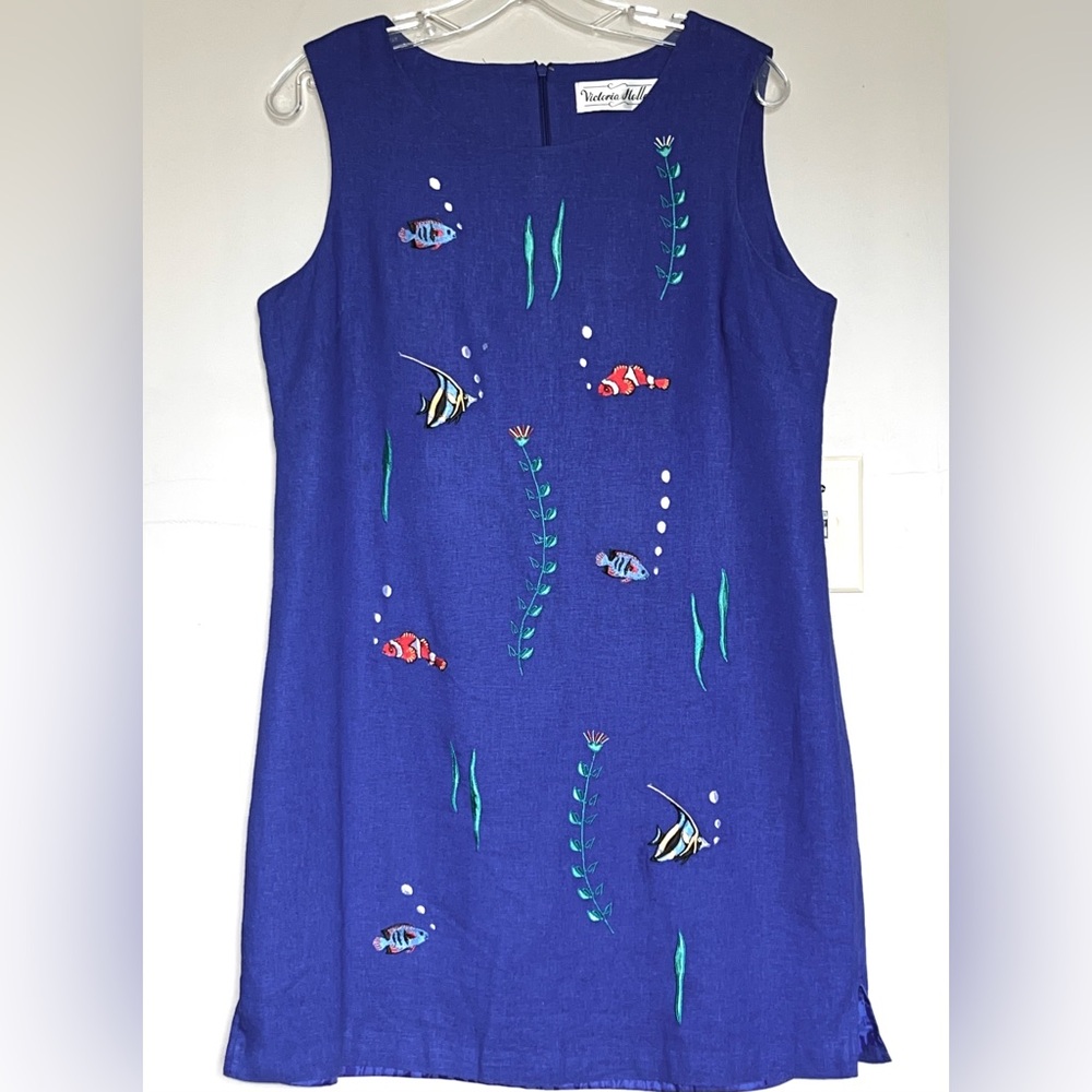 VINTAGE VICTORIA HOLLEY BLUE EMBROIDERED CLOWNFISH OCEAN LINEN DRESS PETITES L
